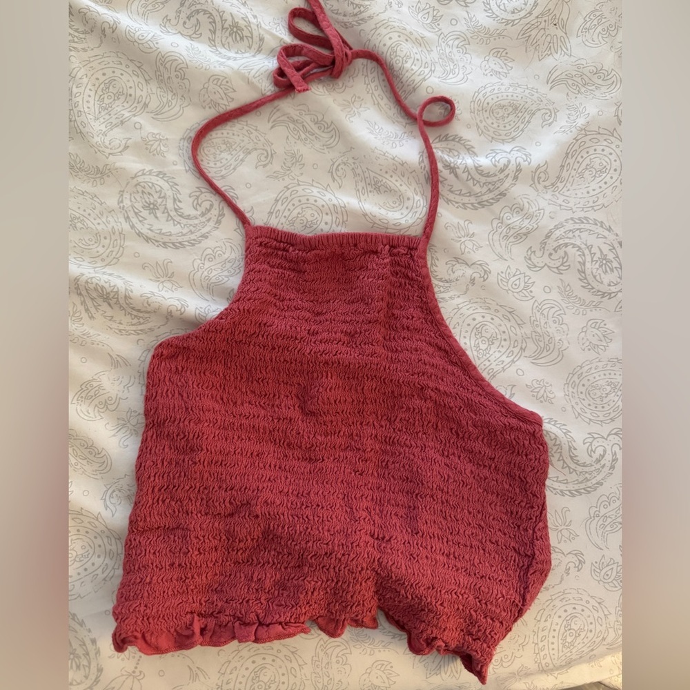 American Eagle Salmon Pink Smocked Crop Halter Tie‎ Top